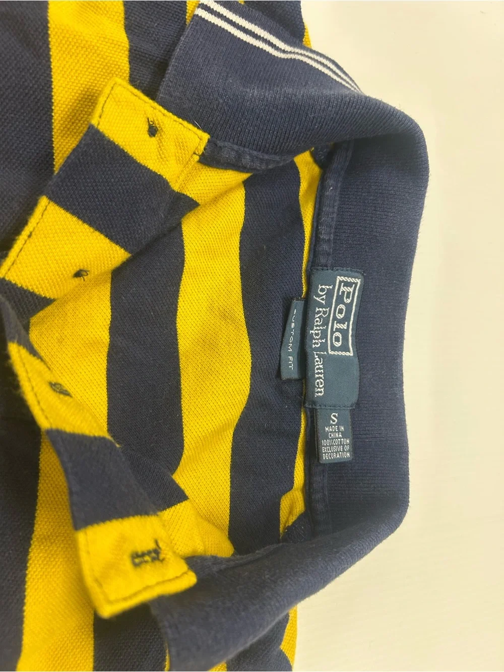Ralph Lauren Yellow and Navy Striped Polo Shirt Tipped Collar
